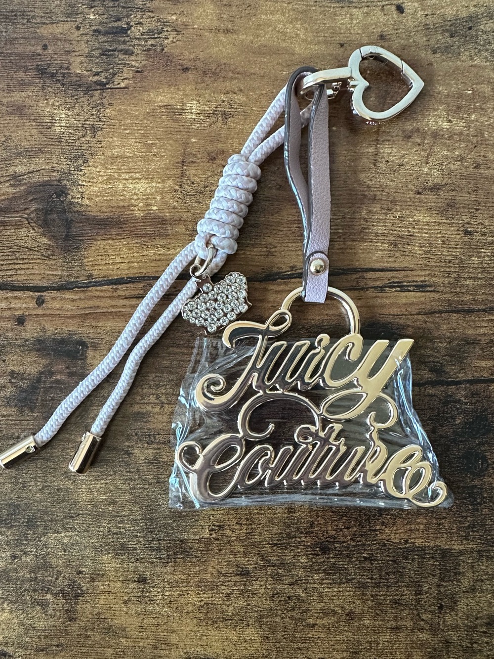Juicy Couture XL Logo Bag Charm Keychain with Gold Script & Pale Pink Strap NWOT